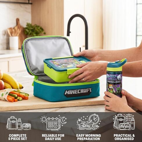 Get Trend Minecraft Kids Lunch Box 3 Pc Set with Insulated Lunch Bag, Bento Box with Two Mini Pots & 20 fl oz Water Bottle with Straw for School, Picnic, Creeper Gamer Gifts for Boys (Multi Minecraft) in Kuwait