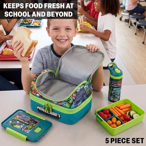 Get Trend Minecraft Kids Lunch Box 3 Pc Set with Insulated Lunch Bag, Bento Box with Two Mini Pots & 20 fl oz Water Bottle with Straw for School, Picnic, Creeper Gamer Gifts for Boys (Multi Minecraft) in Kuwait