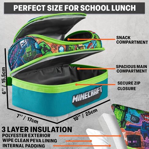 Get Trend Minecraft Kids Lunch Box 3 Pc Set with Insulated Lunch Bag, Bento Box with Two Mini Pots & 20 fl oz Water Bottle with Straw for School, Picnic, Creeper Gamer Gifts for Boys (Multi Minecraft) in Kuwait