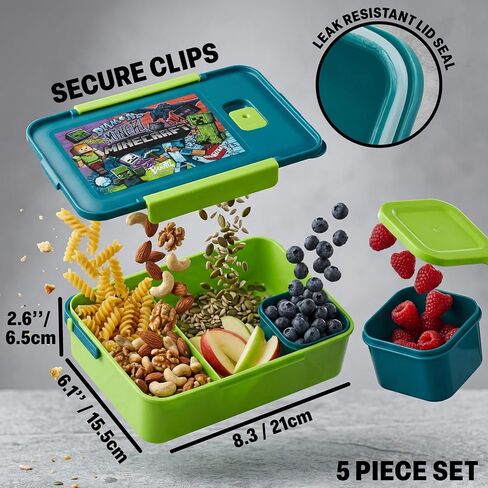Get Trend Minecraft Kids Lunch Box 3 Pc Set with Insulated Lunch Bag, Bento Box with Two Mini Pots & 20 fl oz Water Bottle with Straw for School, Picnic, Creeper Gamer Gifts for Boys (Multi Minecraft) in Kuwait