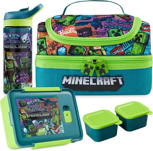 Get Trend Minecraft Kids Lunch Box 3 Pc Set with Insulated Lunch Bag, Bento Box with Two Mini Pots & 20 fl oz Water Bottle with Straw for School, Picnic, Creeper Gamer Gifts for Boys (Multi Minecraft) in Kuwait
