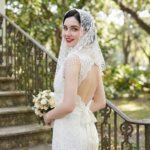 Larrel Lace White Mantilla Veil, Charming Lace Head Coverings for Women, Exquisite Elegant Wedding Veil for Bridal Weddings Special Occasions in Kuwait