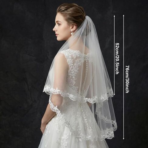 White Lace Wedding Bridal Veil with Comb, 2 Tier Floral Edge Bridal Tulle Veil, Lace Embroidery Appliques Bridal Veils for Bachelorette Party Bridal Shower Flower Girl in Kuwait