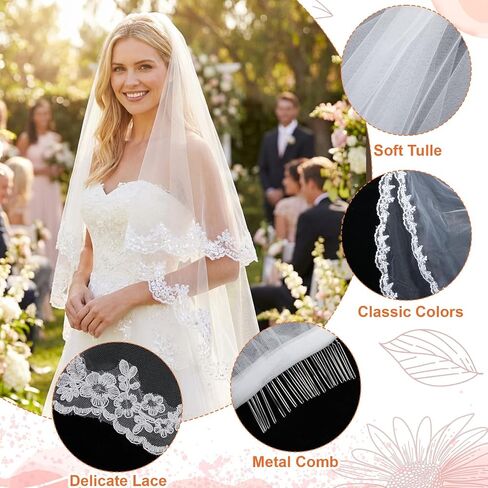 White Lace Wedding Bridal Veil with Comb, 2 Tier Floral Edge Bridal Tulle Veil, Lace Embroidery Appliques Bridal Veils for Bachelorette Party Bridal Shower Flower Girl in Kuwait