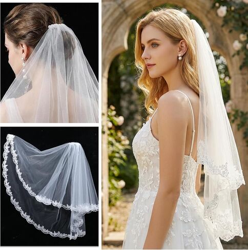 White Lace Wedding Bridal Veil with Comb, 2 Tier Floral Edge Bridal Tulle Veil, Lace Embroidery Appliques Bridal Veils for Bachelorette Party Bridal Shower Flower Girl in Kuwait