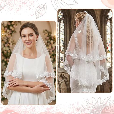 White Lace Wedding Bridal Veil with Comb, 2 Tier Floral Edge Bridal Tulle Veil, Lace Embroidery Appliques Bridal Veils for Bachelorette Party Bridal Shower Flower Girl in Kuwait