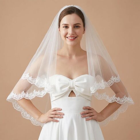 White Lace Wedding Bridal Veil with Comb, 2 Tier Floral Edge Bridal Tulle Veil, Lace Embroidery Appliques Bridal Veils for Bachelorette Party Bridal Shower Flower Girl in Kuwait