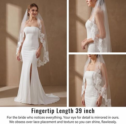 Tier Lace Veil Bridal Veil With Metal Comb, Lace Applique Lightweight Bride Veils Soft Flowing Tulle Fingertip Veils for Women Wedding in Saudi Arabia