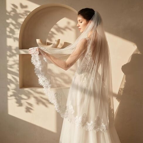 Tier Lace Veil Bridal Veil With Metal Comb, Lace Applique Lightweight Bride Veils Soft Flowing Tulle Fingertip Veils for Women Wedding in Saudi Arabia