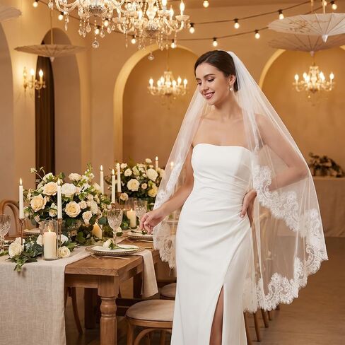 Tier Lace Veil Bridal Veil With Metal Comb, Lace Applique Lightweight Bride Veils Soft Flowing Tulle Fingertip Veils for Women Wedding in Saudi Arabia