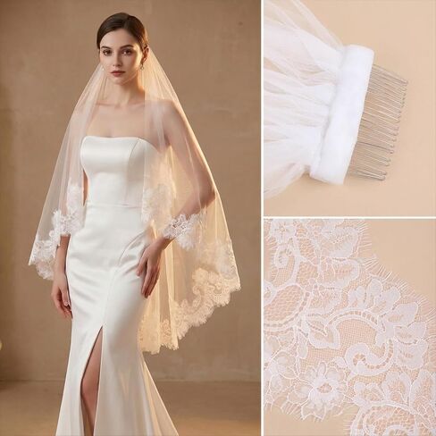 Tier Lace Veil Bridal Veil With Metal Comb, Lace Applique Lightweight Bride Veils Soft Flowing Tulle Fingertip Veils for Women Wedding in Saudi Arabia