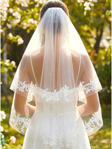 HEREAD Lace Bride Wedding Veil 2 Tier Short Elbow Waist Length Bridal Tulle Veils with Comb for Women in Saudi Arabia
