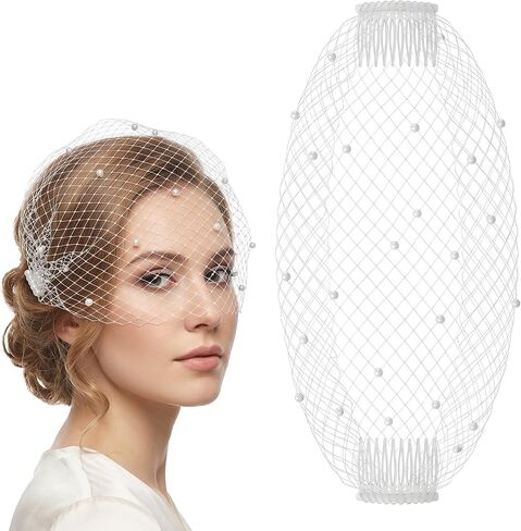 Mabor Pearl Birdcage Veil - White Mesh Fascinator with Hair Comb, Elegant Bridal Headpiece for Wedding Tea Party, Vintage 1920s Flapper Face Veils, 15.75" x 10.63" in Kuwait