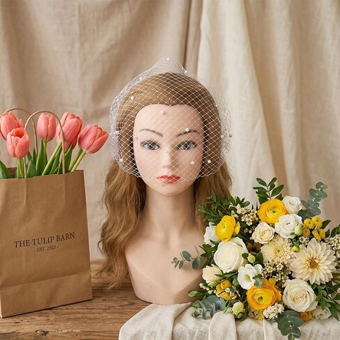 Mabor Pearl Birdcage Veil - White Mesh Fascinator with Hair Comb, Elegant Bridal Headpiece for Wedding Tea Party, Vintage 1920s Flapper Face Veils, 15.75" x 10.63" in Kuwait