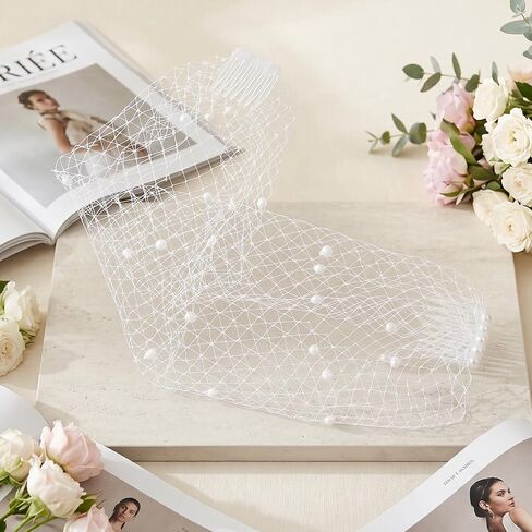 Mabor Pearl Birdcage Veil - White Mesh Fascinator with Hair Comb, Elegant Bridal Headpiece for Wedding Tea Party, Vintage 1920s Flapper Face Veils, 15.75" x 10.63" in Kuwait