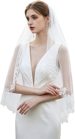 White Wedding Veil with Comb, Tier Floral Edge Lace Bridal Tulle Veil for Women Church Wedding, Bride Wedding Accessories in Saudi Arabia