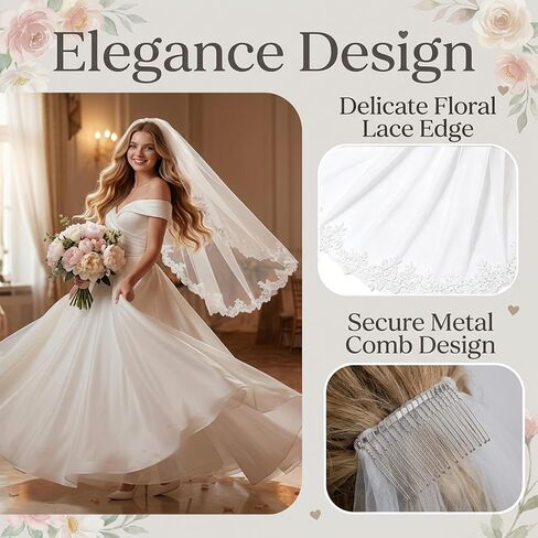 White Wedding Veil with Comb, Tier Floral Edge Lace Bridal Tulle Veil for Women Church Wedding, Bride Wedding Accessories in Saudi Arabia