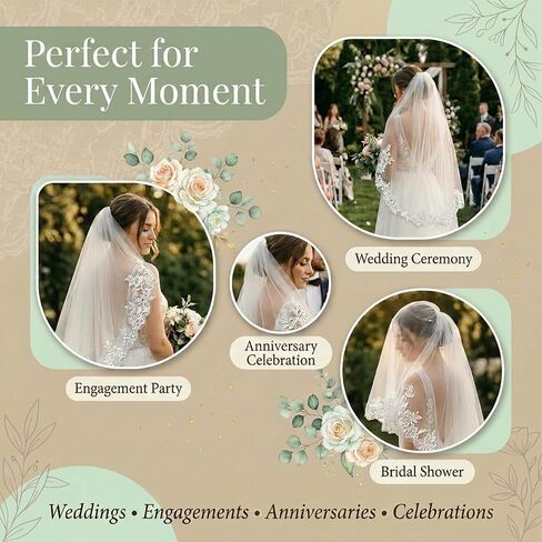 White Wedding Veil with Comb, Tier Floral Edge Lace Bridal Tulle Veil for Women Church Wedding, Bride Wedding Accessories in Saudi Arabia