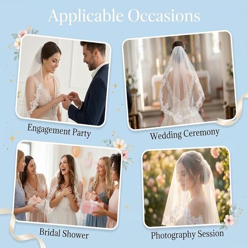 White Wedding Veil with Comb, Tier Floral Edge Lace Bridal Tulle Veil for Women Church Wedding, Bride Wedding Accessories in Saudi Arabia