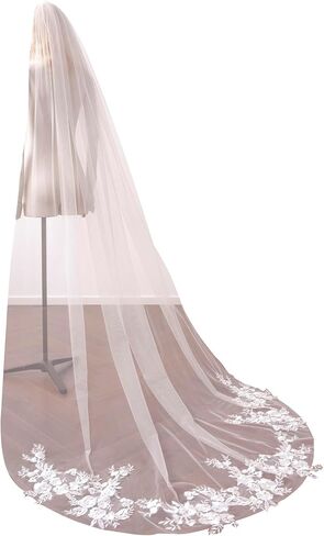 Lace Sequin Applique Chapel Length Wedding Bridal Veil with Comb for Bride in Saudi Arabia