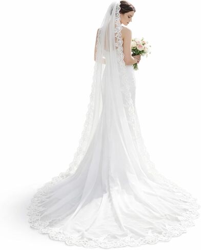 Cathedral Wedding Veil, Long Bridal Tulle Veil with Lace Applique Edge & Comb, Wedding Hairwear, White in Kuwait