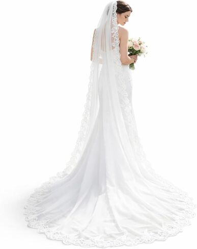 Cathedral Wedding Veil, Long Bridal Tulle Veil with Lace Applique Edge & Comb, Wedding Hairwear, White in Kuwait