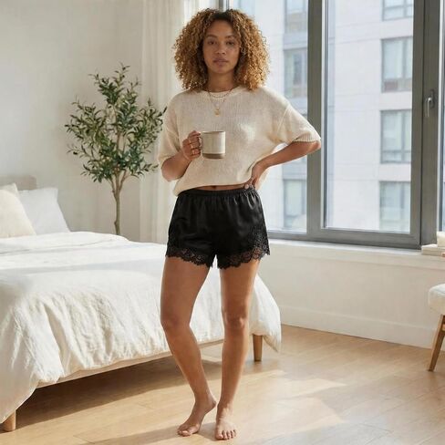 Satin Lace Shorts for Women Y2K Lace Trim Micro Mini Shorts for Loungewear Clubwear Pajama Satin Half Slip Bottoms Silk Black S in Saudi Arabia