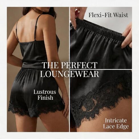 Satin Lace Shorts for Women Y2K Lace Trim Micro Mini Shorts for Loungewear Clubwear Pajama Satin Half Slip Bottoms Silk Black S in Saudi Arabia
