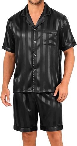 Sykooria Mens Pajamas Set Silk Satin Sleepwear 2 Piece Short Sleeve Loungewear Button Down Pj Set S-XXXL in Saudi Arabia