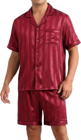 Sykooria Mens Pajamas Set Silk Satin Sleepwear 2 Piece Short Sleeve Loungewear Button Down Pj Set S-XXXL in Saudi Arabia