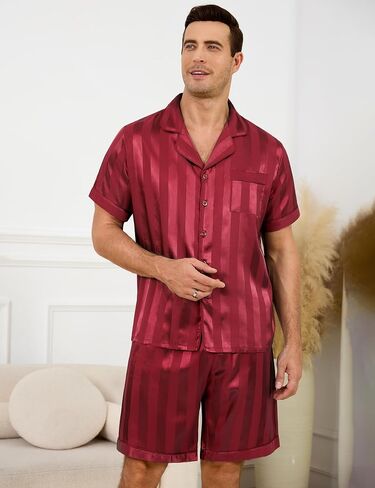 Sykooria Mens Pajamas Set Silk Satin Sleepwear 2 Piece Short Sleeve Loungewear Button Down Pj Set S-XXXL in Saudi Arabia