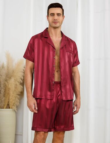 Sykooria Mens Pajamas Set Silk Satin Sleepwear 2 Piece Short Sleeve Loungewear Button Down Pj Set S-XXXL in Saudi Arabia