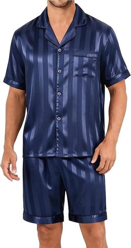 Sykooria Mens Pajamas Set Silk Satin Sleepwear 2 Piece Short Sleeve Loungewear Button Down Pj Set S-XXXL in Saudi Arabia