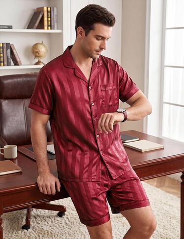Sykooria Mens Pajamas Set Silk Satin Sleepwear 2 Piece Short Sleeve Loungewear Button Down Pj Set S-XXXL in Saudi Arabia