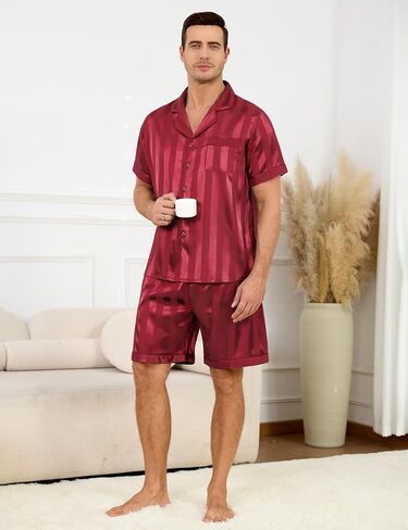 Sykooria Mens Pajamas Set Silk Satin Sleepwear 2 Piece Short Sleeve Loungewear Button Down Pj Set S-XXXL in Saudi Arabia