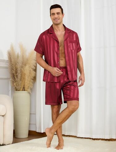 Sykooria Mens Pajamas Set Silk Satin Sleepwear 2 Piece Short Sleeve Loungewear Button Down Pj Set S-XXXL in Saudi Arabia