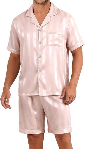 Sykooria Mens Pajamas Set Silk Satin Sleepwear 2 Piece Short Sleeve Loungewear Button Down Pj Set S-XXXL in Saudi Arabia