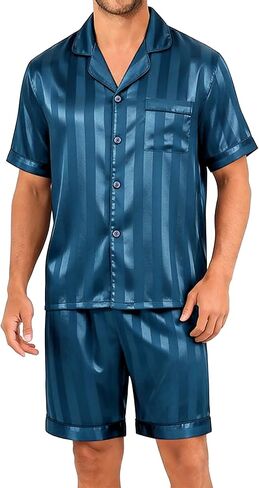 Sykooria Mens Pajamas Set Silk Satin Sleepwear 2 Piece Short Sleeve Loungewear Button Down Pj Set S-XXXL in Saudi Arabia