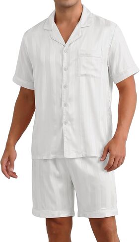 Sykooria Mens Pajamas Set Silk Satin Sleepwear 2 Piece Short Sleeve Loungewear Button Down Pj Set S-XXXL in Saudi Arabia