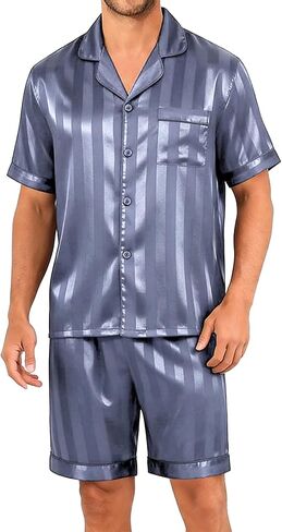 Sykooria Mens Pajamas Set Silk Satin Sleepwear 2 Piece Short Sleeve Loungewear Button Down Pj Set S-XXXL in Saudi Arabia