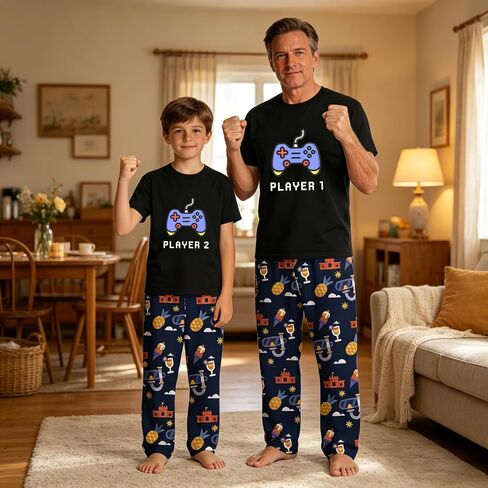 MI X TEE Daddy and Me Outfits, Gamer Style Dad and Me Shirts and Pants, Father Son Short Sleeve Pjs Set in Saudi Arabia