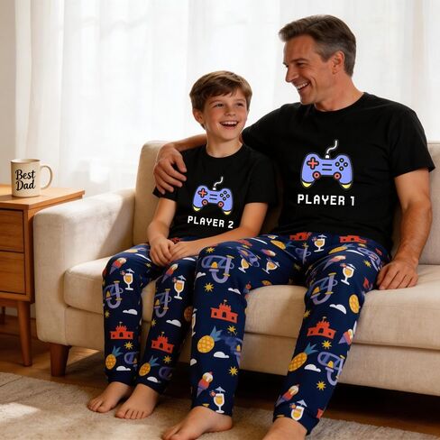 MI X TEE Daddy and Me Outfits, Gamer Style Dad and Me Shirts and Pants, Father Son Short Sleeve Pjs Set in Saudi Arabia