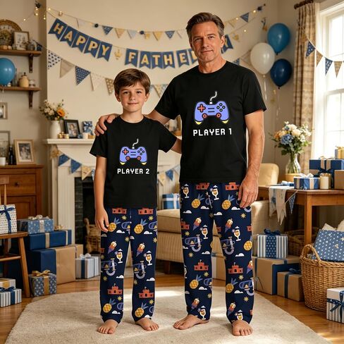 MI X TEE Daddy and Me Outfits, Gamer Style Dad and Me Shirts and Pants, Father Son Short Sleeve Pjs Set in Saudi Arabia