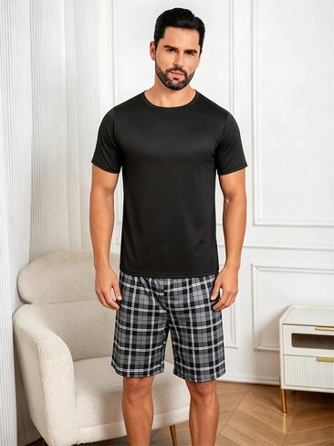 Mens Short Sleeve Pajama Set Soft Loungewear Sleepwear Set Casual Shorts Homewear for Men in Kuwait