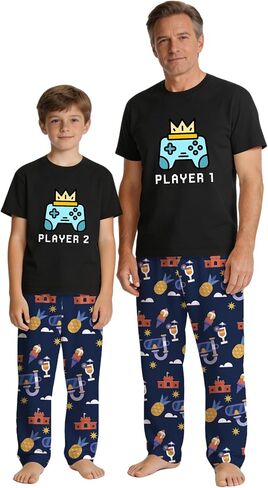 MI X TEE Daddy and Me Outfits, Gamer Style Dad and Me Shirts and Pants, Father Son Short Sleeve Pjs Set in Saudi Arabia