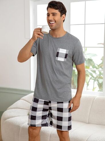 Mens Short Sleeve Pajama Set Soft Loungewear Sleepwear Set Casual Shorts Homewear for Men in Kuwait