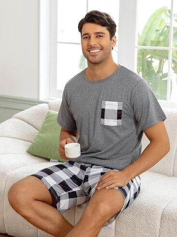 Mens Short Sleeve Pajama Set Soft Loungewear Sleepwear Set Casual Shorts Homewear for Men in Kuwait