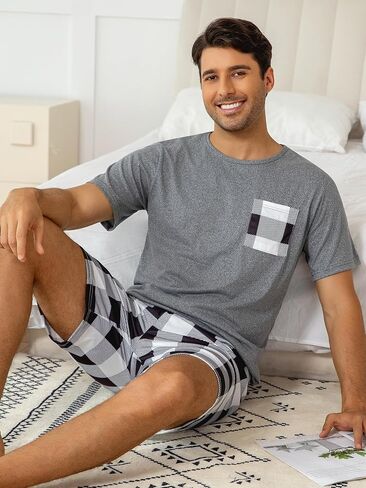 Mens Short Sleeve Pajama Set Soft Loungewear Sleepwear Set Casual Shorts Homewear for Men in Kuwait