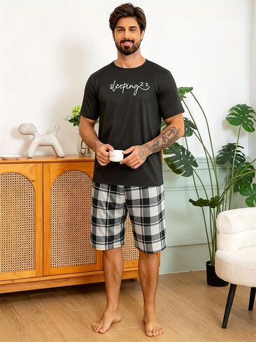 Mens Short Sleeve Pajama Set Soft Loungewear Sleepwear Set Casual Shorts Homewear for Men in Kuwait