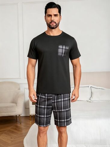 Mens Short Sleeve Pajama Set Soft Loungewear Sleepwear Set Casual Shorts Homewear for Men in Kuwait
